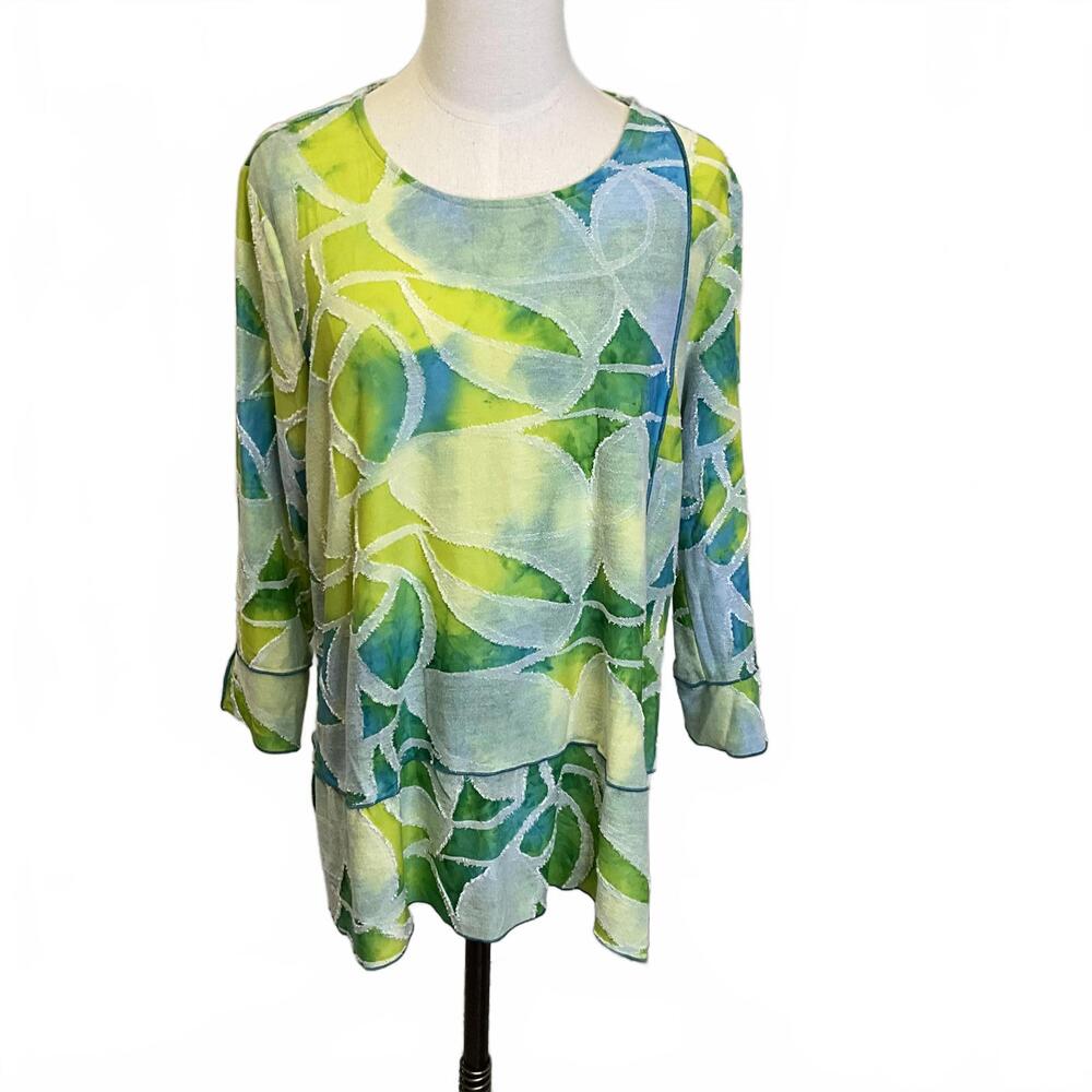All Mine Women's Size Large Green Yellow Tie Dye Paned Long Sleeve Blouse Top